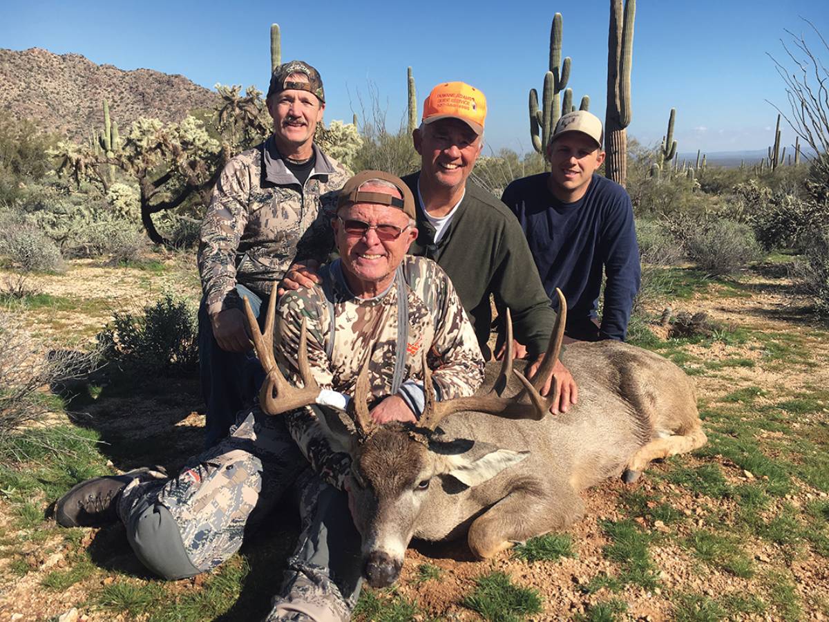 Tol Gavett and his longtime hunting partner Stan McDaniel (left) hunted with guides Duwane Adams (center) and Shane Yount (right).